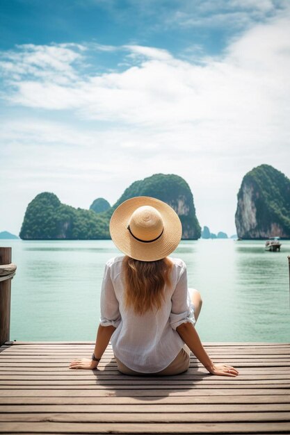 Photo a woman sitting on a dock with a straw hat on and looking out to sea