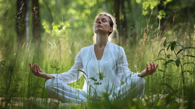 Woman sitting doing yoga in grass