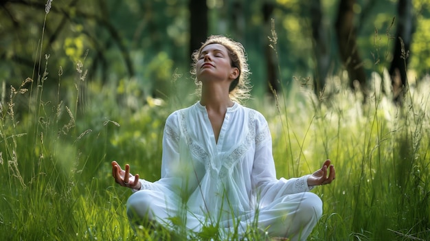 Woman sitting doing yoga in grass