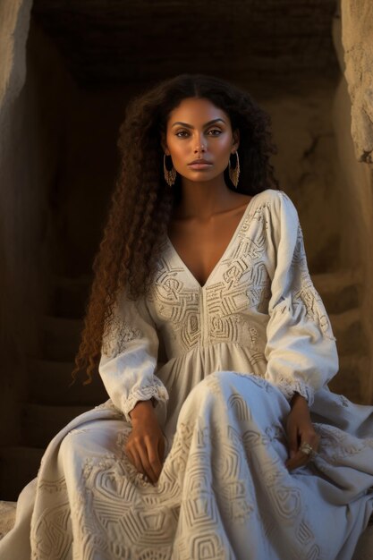 Woman Sitting Down in White Dress