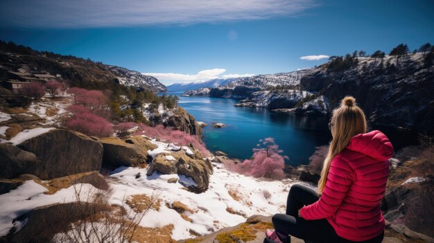 Woman sitting on the edge of a cliff and looking at the lake