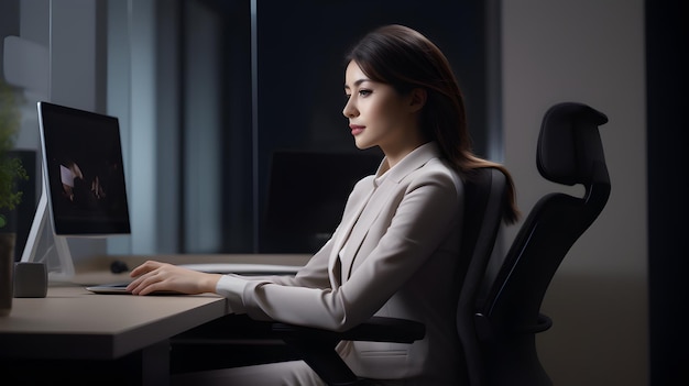 Woman sitting on an ergonomic chair in office