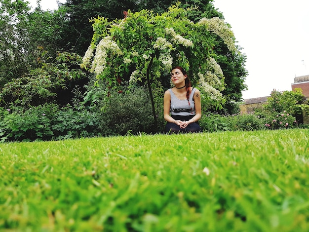 Foto donna seduta sul campo contro gli alberi