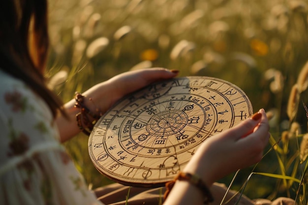 a woman sitting in a field holding a clock