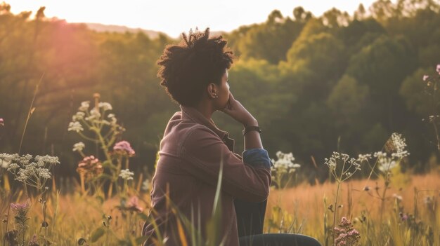 A woman sitting in a field talking on a cell phone