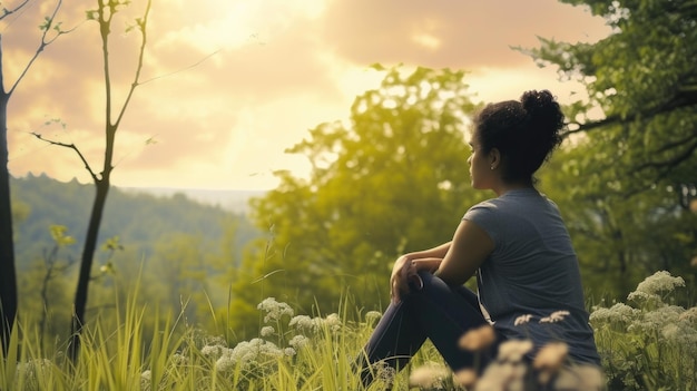 A woman sitting in a field of tall grass