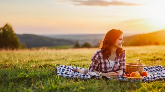 Foto una donna seduta in un campo con un paniere di mele e un paniere di mele