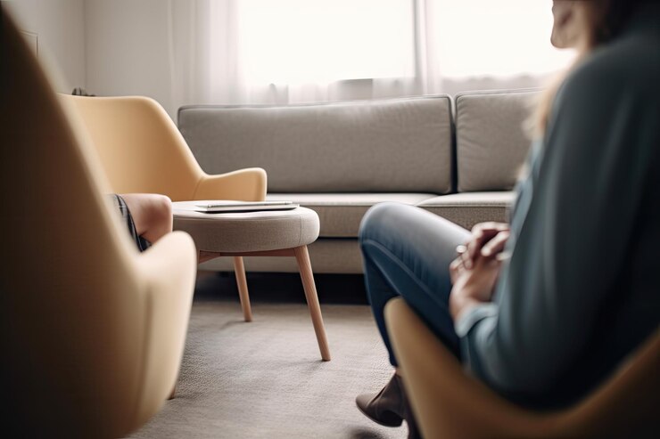 a woman sitting on the floor in front of a couch with her legs crossed and looking away from the camera