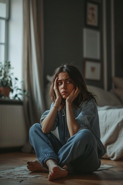 Photo a woman sitting on the floor in front of a window