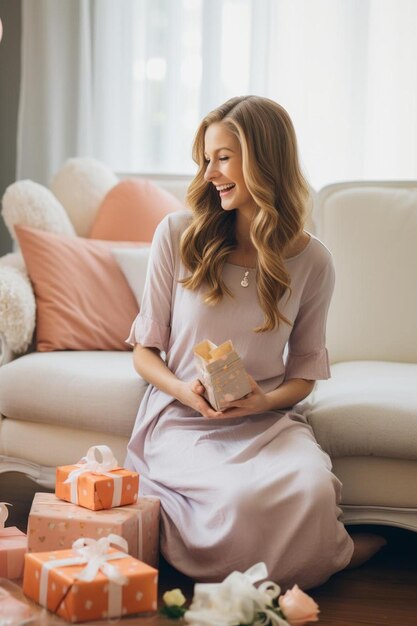 Photo a woman sitting on the floor holding a present