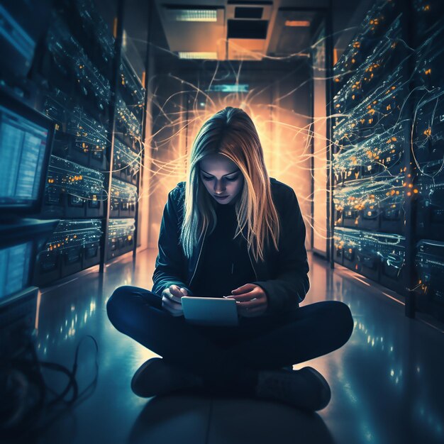 Woman sitting on floor looking at tablet