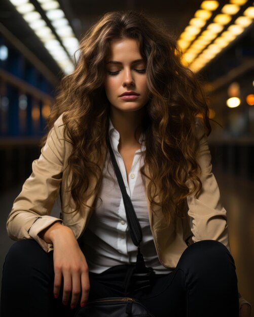 a woman sitting on the floor of a subway station