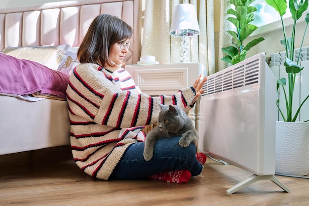 woman sitting on floor with cat in a warm sweater warming near an electric heater middleaged female with pet at home in bedroom heating up near heating radiator cold season autumn winter comfort