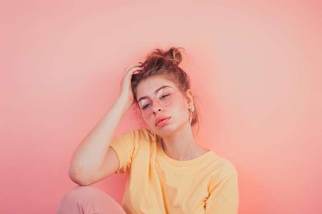 Photo woman sitting on floor with head in hands