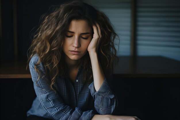 Photo a woman sitting on the floor with her head in her hands