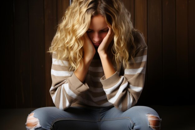 a woman sitting on the floor with her head in her hands