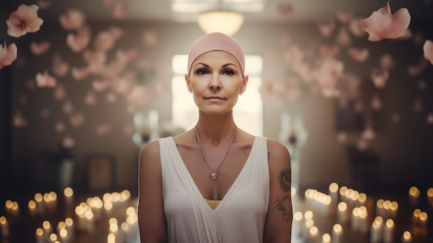 Woman Sitting in Front of Array of Candles Peaceful Atmosphere Relaxation World Cancer Day