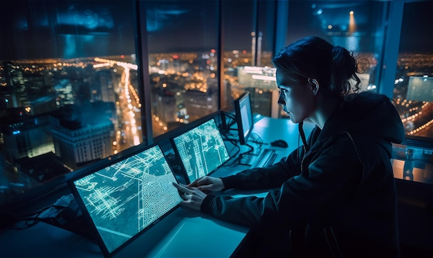 A woman sitting in front of a computer monitor Woman working on a computer