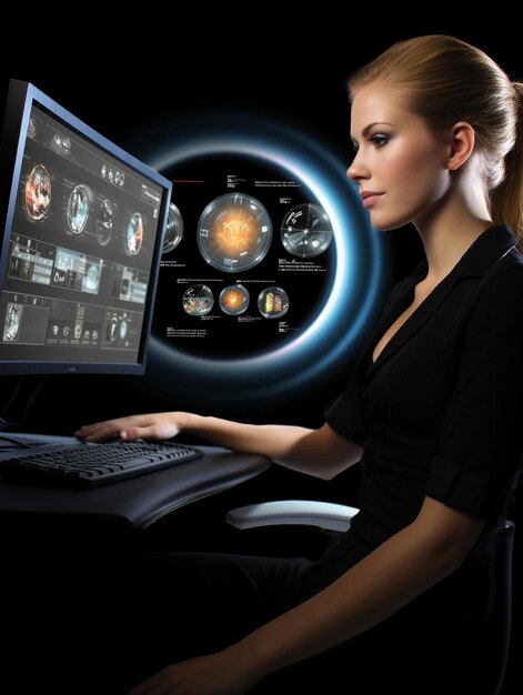 Photo a woman sitting in front of a computer monitor