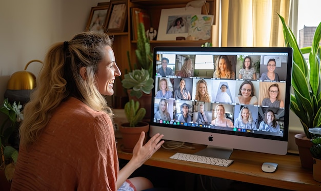 A woman sitting in front of a computer screen