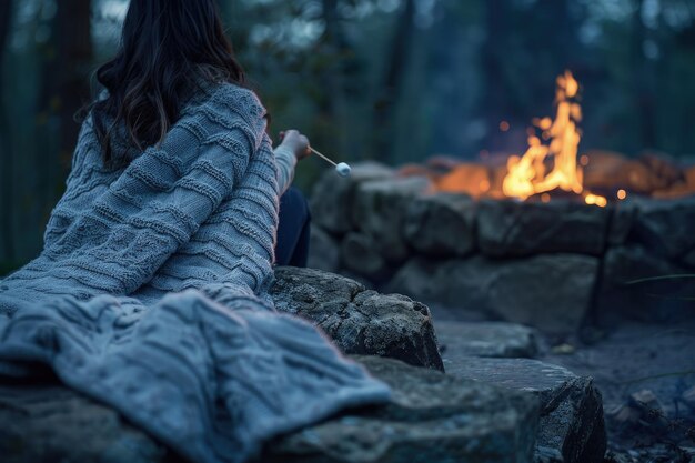A woman sitting in front of a fire in the woods