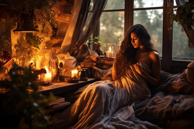 Woman sitting in front of the fireplace at home and looking at the Christmas tree