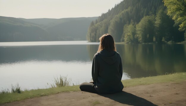 Photo a woman sitting in front of lake