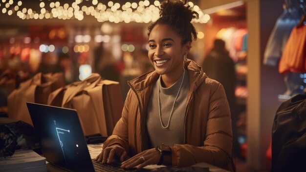 Photo woman sitting in front of laptop computer