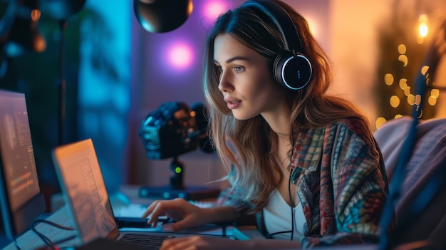 Woman sitting in front of laptop with headphones