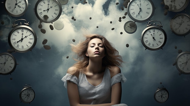 Woman Sitting in Front of Multiple Clocks