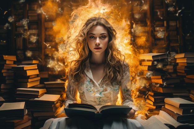 A woman sitting in front of a pile of books