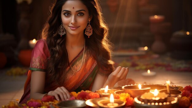 Woman Sitting in Front of a Plate of Candles