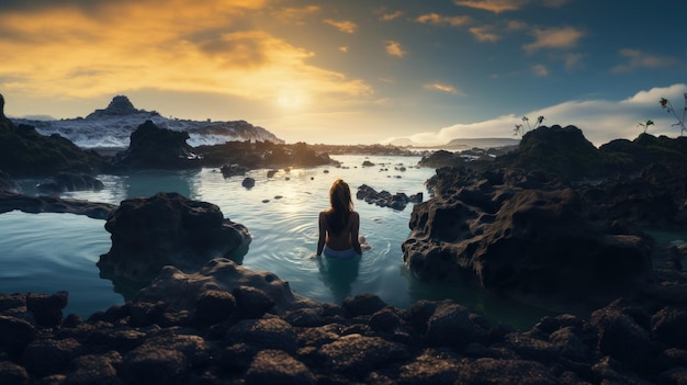 Женщина сидит в ванне гейзера на пляже при заходе солнца в Исландии