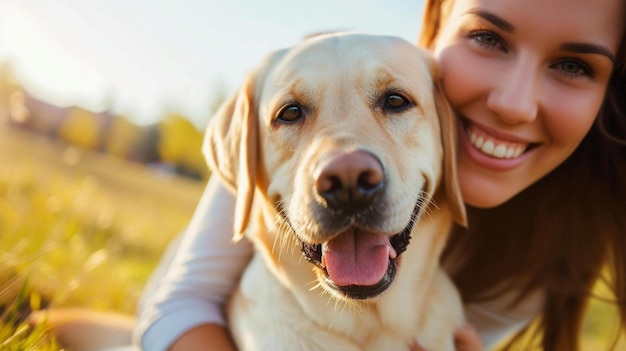 犬と一緒に草の上に座っている女性