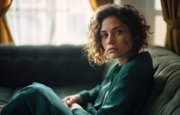 Photo a woman sitting on a green couch