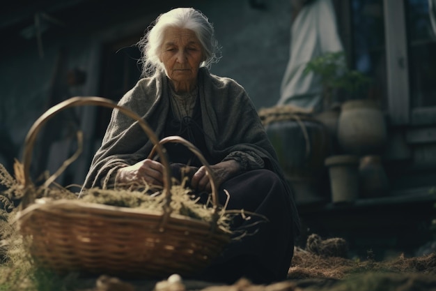 Женщина, сидящая на земле рядом с корзиной сена Это изображение может быть использовано для различных целей, таких как сельскохозяйственные темы, сельский образ жизни или концепции, связанные с фермой