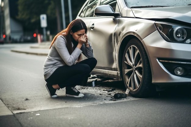 A woman sitting on the ground next to a car