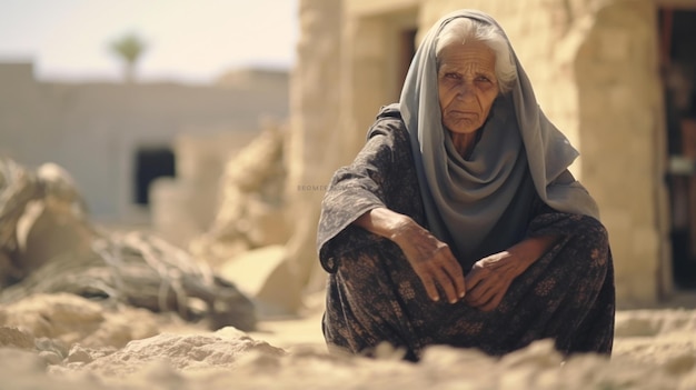 Woman Sitting On The Ground In Front Of A Building