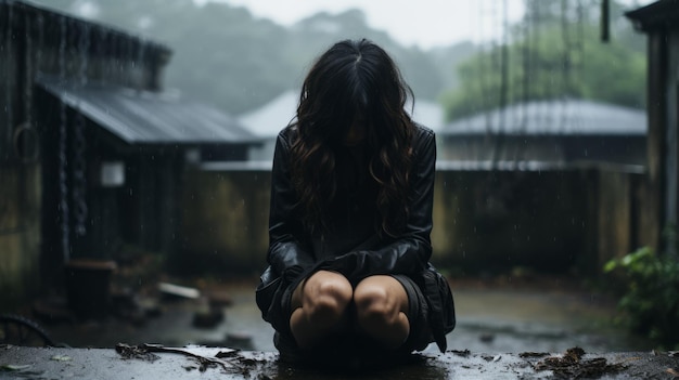 a woman sitting on the ground in the rain