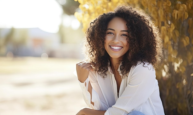 A woman sitting on the ground smiling for the camera