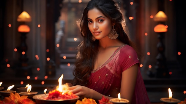 Женщина, сидящая на земле со свечами перед Дивали