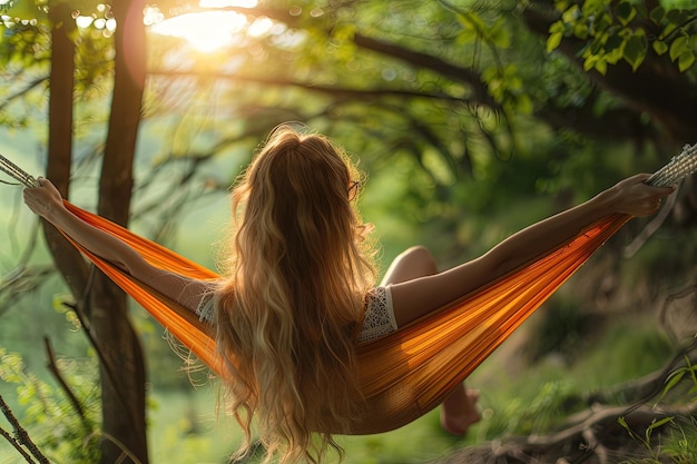 Foto una donna seduta in un'amaca in una foresta