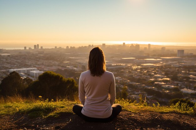 a woman sitting on a hill looking at the city