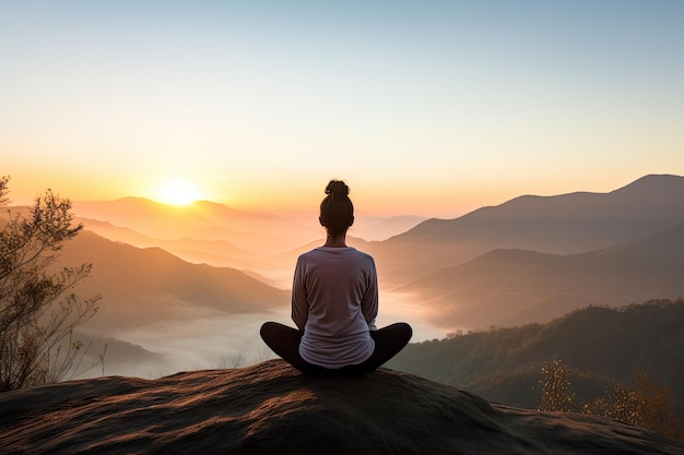 Photo a woman sitting on a hill looking at the sun