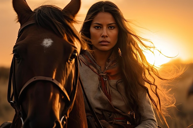 A woman sitting on a horse with a sunset behind her