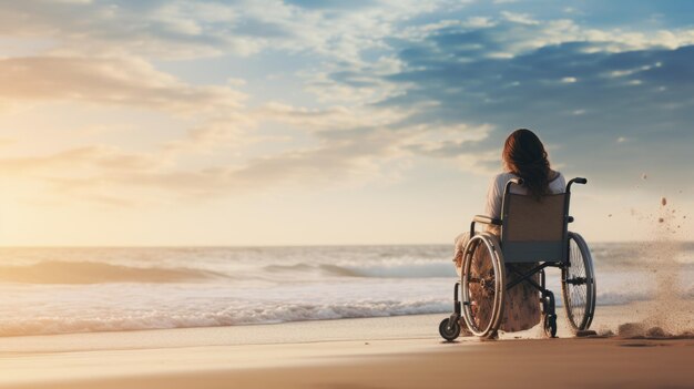 Фото Женщина сидит в инвалидной коляске на песчаном пляже всемирного дня инвалидов