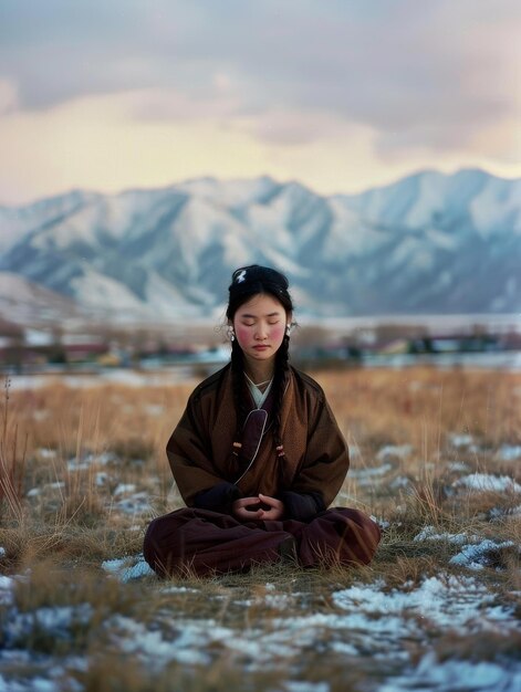Фото Женщина сидит в поле с горами на заднем плане