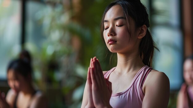 写真 ヨガマットの上で蓮の姿勢で座って目を閉じて瞑想している女性