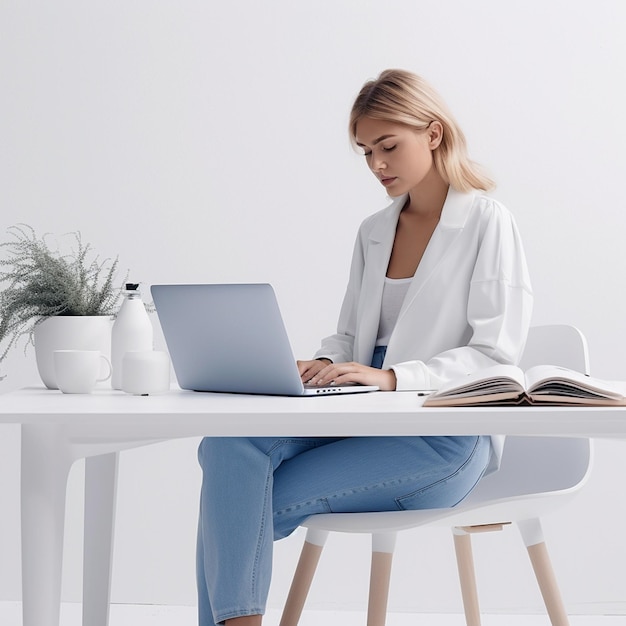 Фото Женщина сидит в белом офисе за столом с документами и смотрит на ноутбук