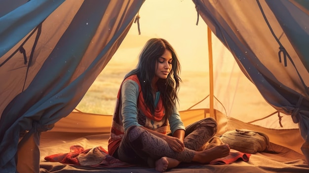 A woman sitting inside her tent getting ready for the day